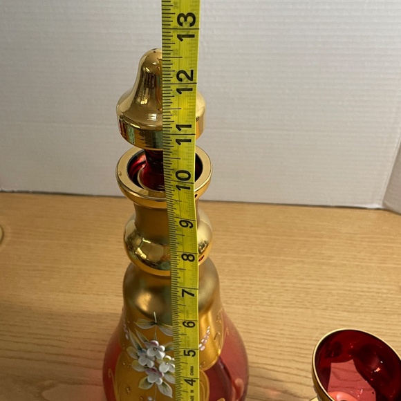 Bohemian Czech Ruby Red Gold Gilt Crystal Decanter & 4 Glasses Enamel Flowers - Picture 15 of 15